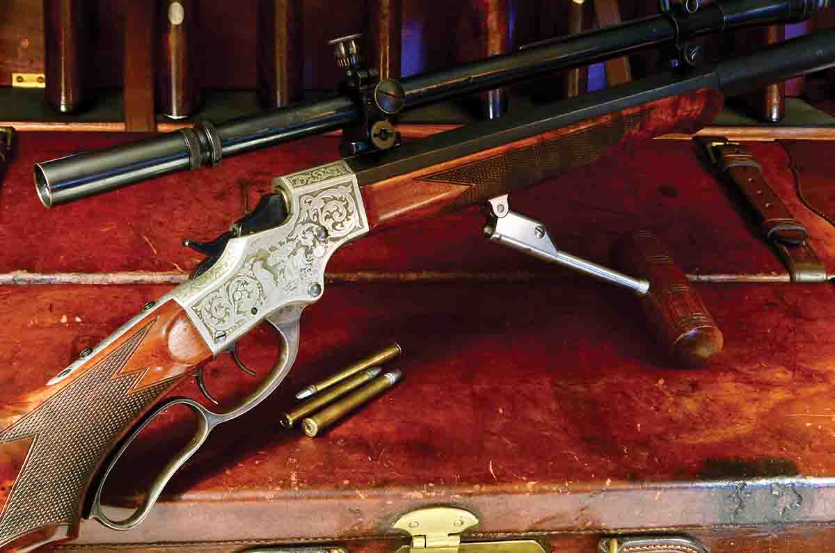 A Stevens Model 52, built on a No. 44 action, chambered in .28-30-120 Stevens and completed around 1902. The engraving is a special order. The Lyman 8x Junior Targetspot scope was added much later since it was not introduced until 1937.